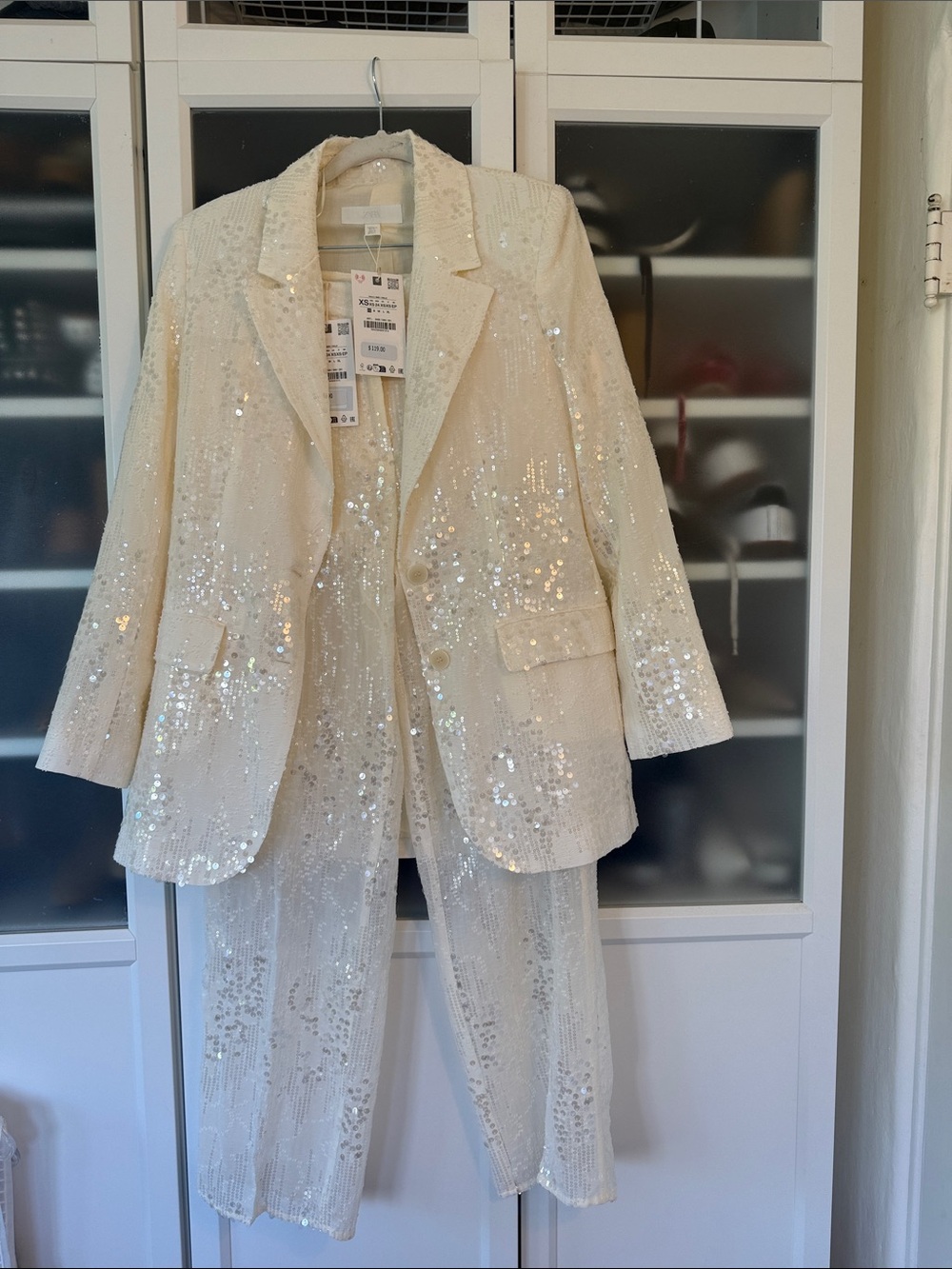 Zara Sequin Embellished Cream Blazer Jacket - Women's